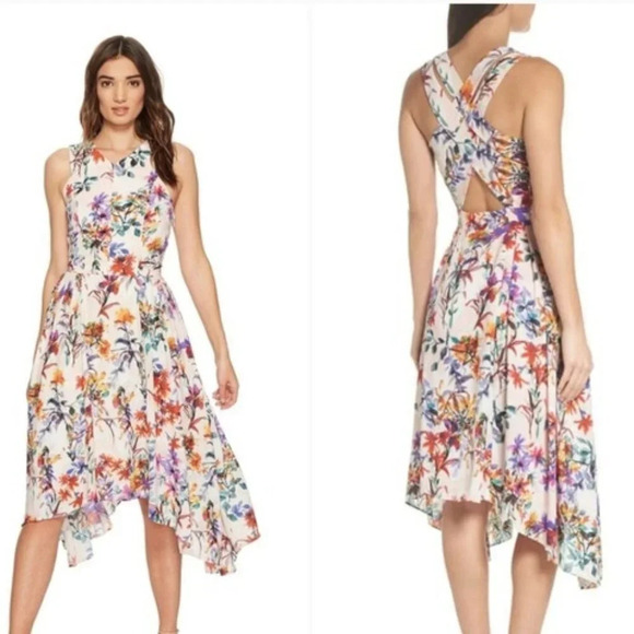 Adelyn Rae Floral Asymmetrical Criss Cross Back Vanessa Midi Dress Sz XS - Picture 1 of 12